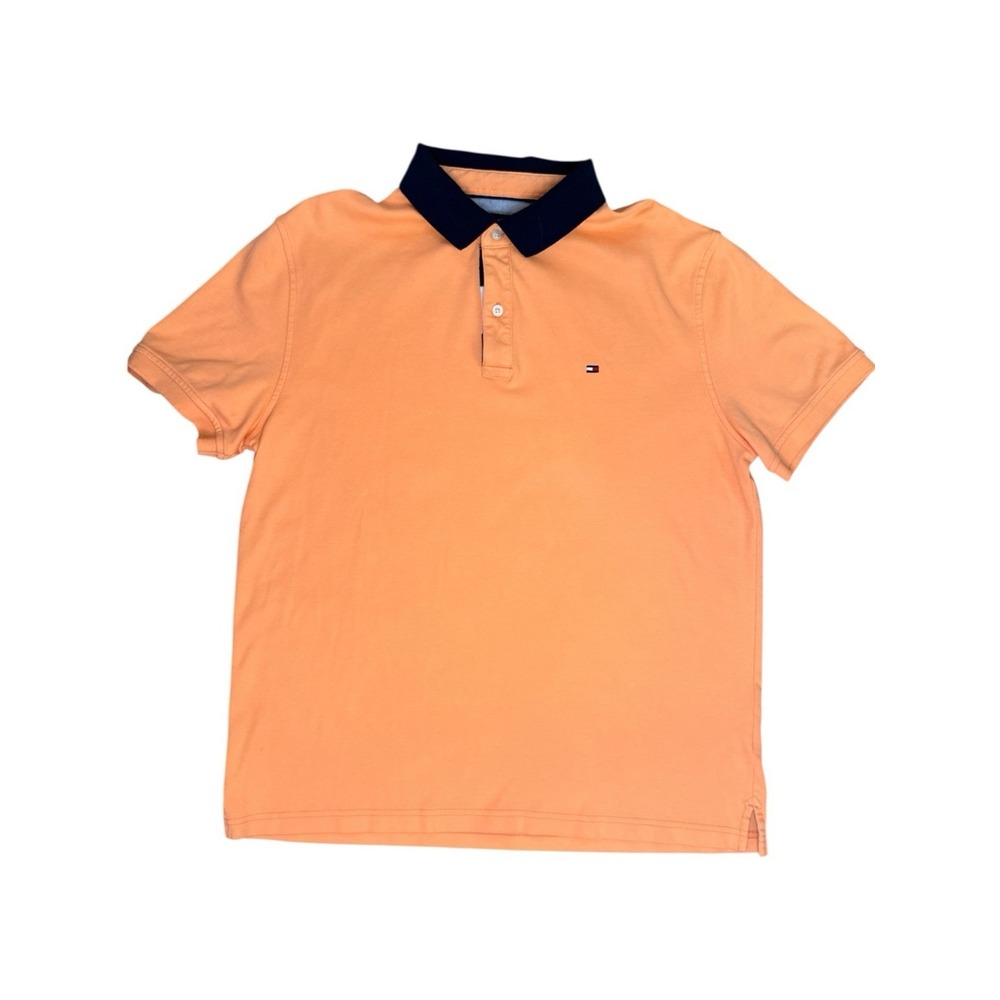 Tommy Hilfiger Custom Fit Polo Shirt Orange Navy Collar Short Sleeve Men's Large